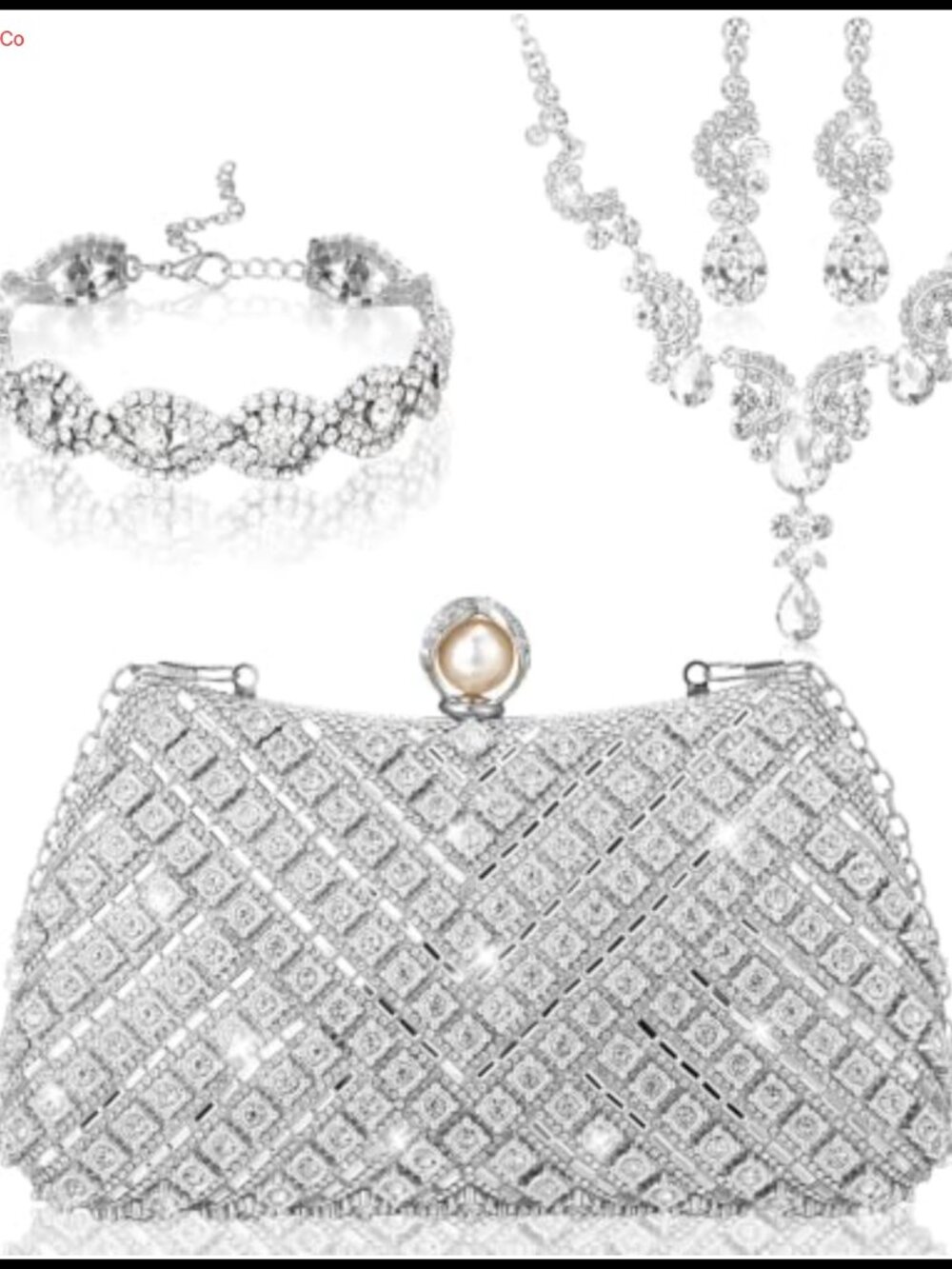 Rhinestone Clutch Purse & Jewelry Set 4 Pcs Necklace Bracelet Earrings